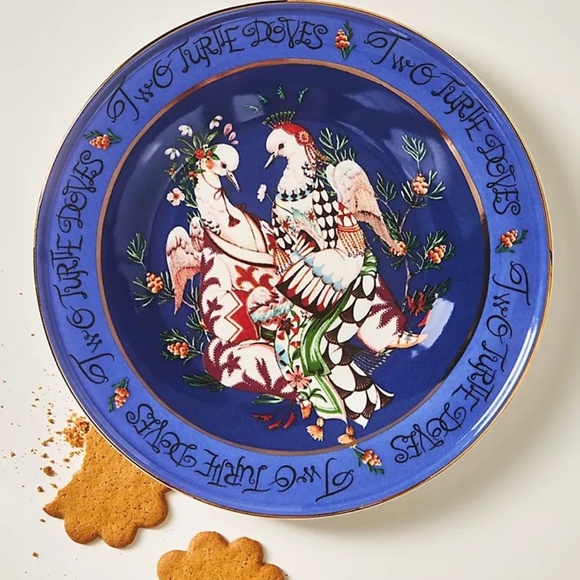 Anthropologie Taychamaythakool 12 Days Christmas Dessert  Plate  Turtledoves - Picture 1 of 2